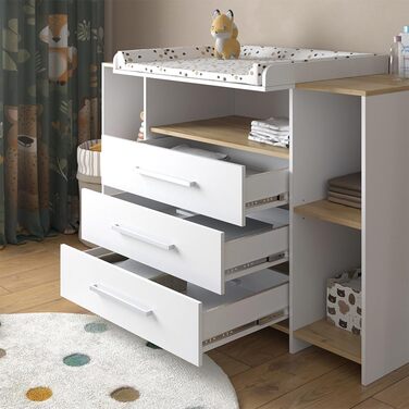 Комод-ліжечко Vicco Oskar з пеленальним столиком, сірий, 143 x 100 см XL з ящиками, білий/сірий (білий/золотий дуб)