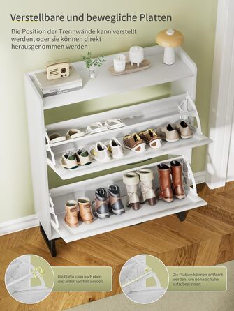 Шафа для взуття з 2 дверцятами, полиця для взуття в передпокій, вузька шафа-кіпер для взуття з 4 полицями, тумба для взуття з металевими ніжками, органайзер для взуття з дерева для стіни, 80x23,8x101,7 см, білий