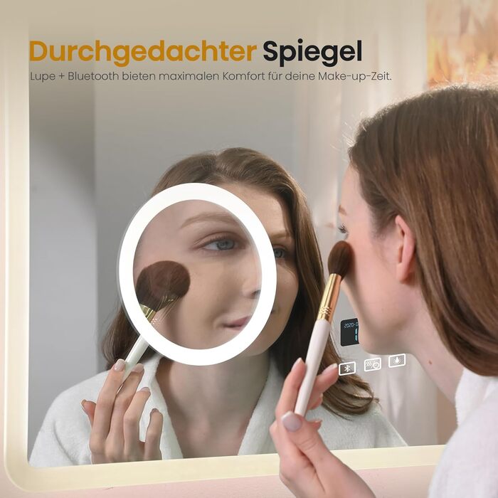 EMKE® LED дзеркало для ванної кімнати 80x60 см з підсвічуванням, регулюванням, антизапарюванням, 3 косметичні дзеркала, годинник, Bluetooth, IP44