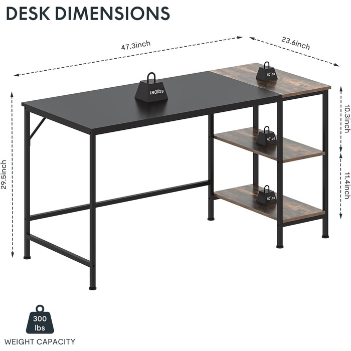 Комп'ютерний стіл FitStand FD4 140x60x75см з книжковою шафою, стіл для домашнього офісу, 2 полиці для зберігання (дуб вінтажний/чорний)