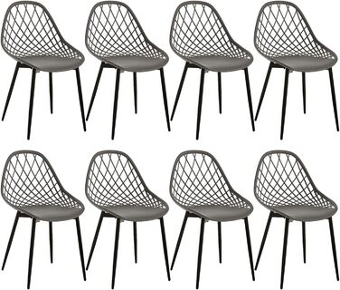 Стільці для їдальні та кухні з порожнистою спинкою, стільці для вітальні з металевими ніжками, пластикові стільці для кухні, вітальні, балкону, скандинавський сучасний стиль, білий колір, K0018EZS-4 (сірий, набір 8 шт.)