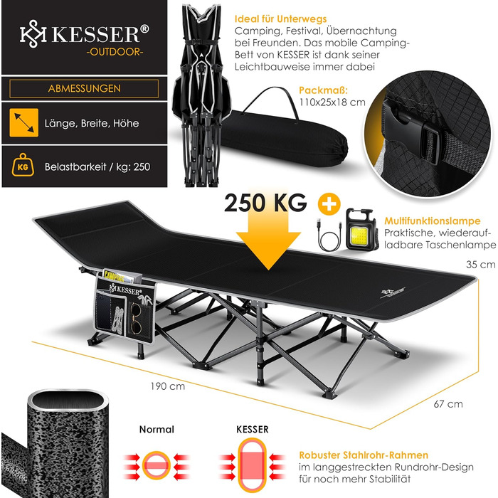 Кемпінгове ліжко KESSER Кемпінгове ліжко Розкладне розкладне ліжко Кемпінговий шезлонг з сумкою для перенесення, кемпінгове світло бічна сумка Міцне похідне ліжко 250 кг Завантажувана металева труба 600D Оксфордська тканина Портативний шезлонг для подорож