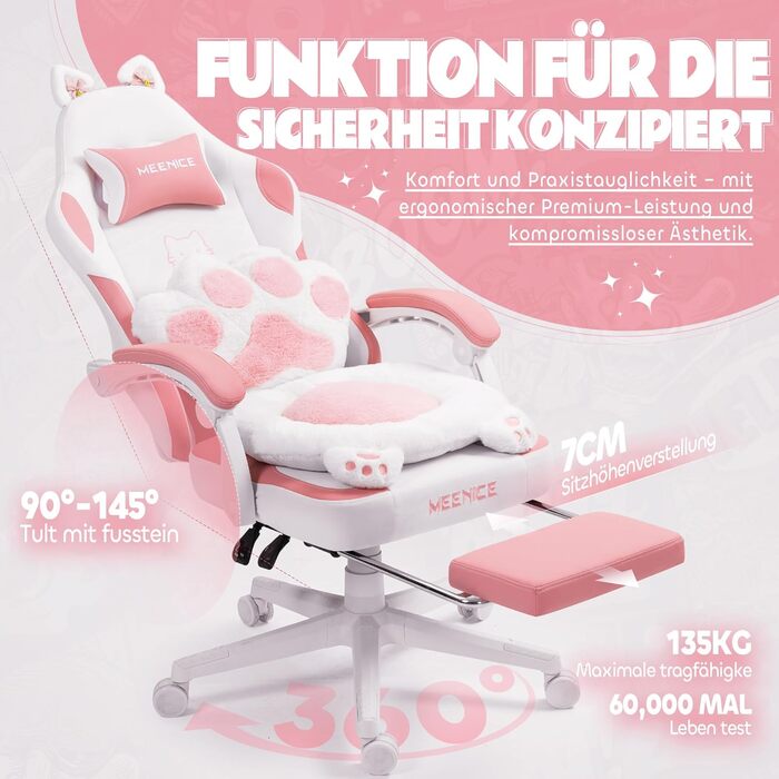Ігровий крісло MEENICE Pink Katze з підголовником у вигляді лапки кота та вушками, з підніжкою, ергономічний ПК стілець для дітей та дорослих, рожево-білий, 200 кг