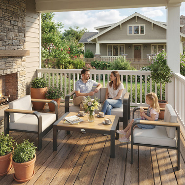 Комплект садово-патіо меблів з алюмінію на 4 особи. Водовідштовхувальний, з глибокими сидіннями, включає двомісний диван, 2 крісла та журнальний столик.