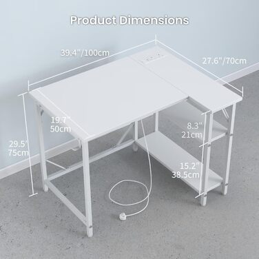 Ігровий кутовий стіл DOMSHOCT з розетками, 100 x 70 см. Компактний стіл для комп'ютера з великими, обертовими полицями, для дому, офісу, навчання