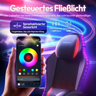 Ігровий крісло Dowinx з RGB підсвічуванням, LED, з підніжкою, для дорослих, ергономічний, з масажем попереку, PU шкіра, білий (червоний)