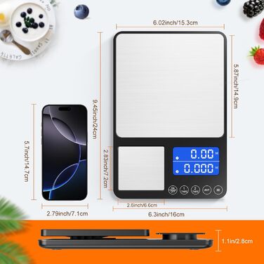 Цифрова кухонна вага з подвійною платформою, 15 кг, 7 одиниць вимірювання, LCD дисплей, функція тарування, точна вага для випічки та приготування їжі
