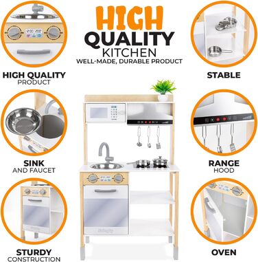 Дерев'яна дитяча кухня Kinderplay з LED та звуками приготування їжі, регульована висота 92–107 см, ігровий набір для дітей від 3 років, повний комплект з аксесуарами, світло-сірий колір (Modern - Weiß)