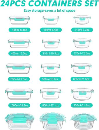 Набір контейнерів Verones 24 шт. з кришкою, зелені, скляні, для зберігання їжі, герметичні, стійкі до заморожування та миття в посудомийній машині