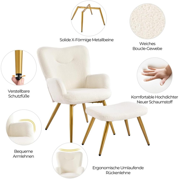 Крісло-навушник Yaheetech з пуфом з тканини Boucle, крісло для відпочинку з підставкою для ніг, розкладне крісло для вітальні/спальні, колір слонова кістка