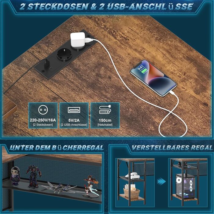 L-подібний ігровий стіл, 141x117x76 см, з полицею, для дому, офісу, навчання, ігор (Рустикальний коричневий)