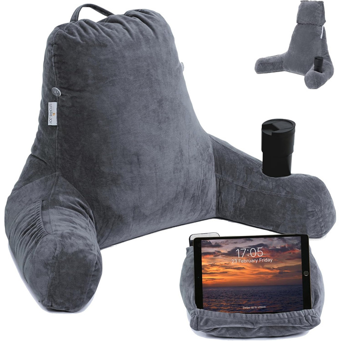 Storrejoy Велике подушко-крісло для читання - спинка для сидіння в ліжку з підлокітниками, знімною подушкою для голови, з піною з пам'яті, тримачем для книги/планшета, кишенями для зберігання та отвором для ручки (Антрацит) Темно-сірий