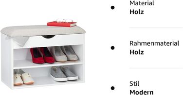 Лавка для взуття Relaxdays, м'яка лавка для одягу, 3 відділення, складна, полиця для взуття з сидінням, 45 x 62 x 30 см, білий, дерево