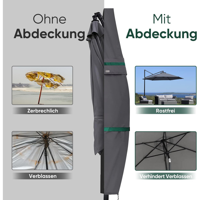 Чохол для садового парасоля Sekey, 260 x 40/70/50 см, темно-сірий, водонепроникний, з вентиляційними отворами