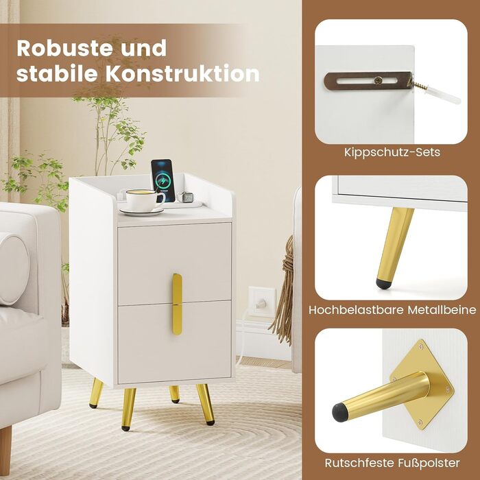 Нічний столик COSTWAY з зарядкою, вузький приліжний столик з 2 шухлядами, металеві ніжки, для спальні, вітальні, 32x40x60 см (Білий)