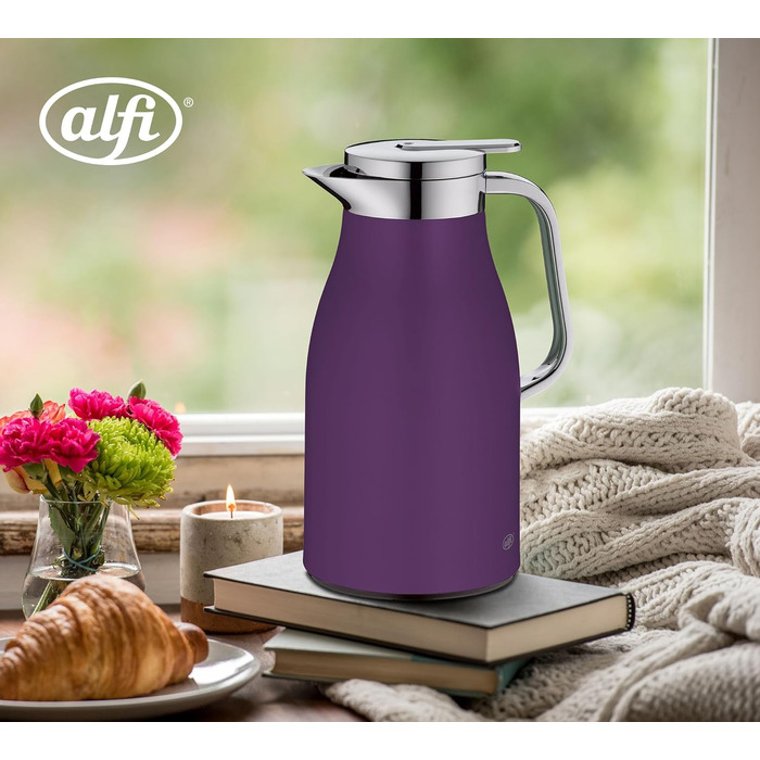 Термос Alfi SKYLINE 1.0л, пастельний колір, нержавіюча сталь, з термоізоляцією, з скляною вставкою, з поворотним клапаном, з зручною кнопкою, ергономічна ручка, ідеальний для кави та чаю, без BPA (1000 мл, Deep Lavender)