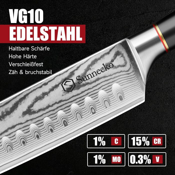 Ніж Sunnecko Дамаск 20см: професійний кухонний ніж з високоякісної сталі Дамаск - гострий ніж для м'яса, стейків, овочів. Ідеальний подарунок для кухаря.