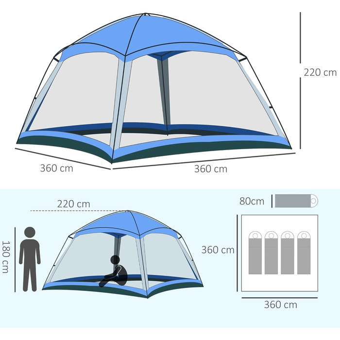 Намет для кемпінгу Outsunny 8-місний намет Сімейний намет 2-віконний купольний намет PU3000 мм для трекінгового фестивалю Fiberglass Blue 360 x 360 x 200 см