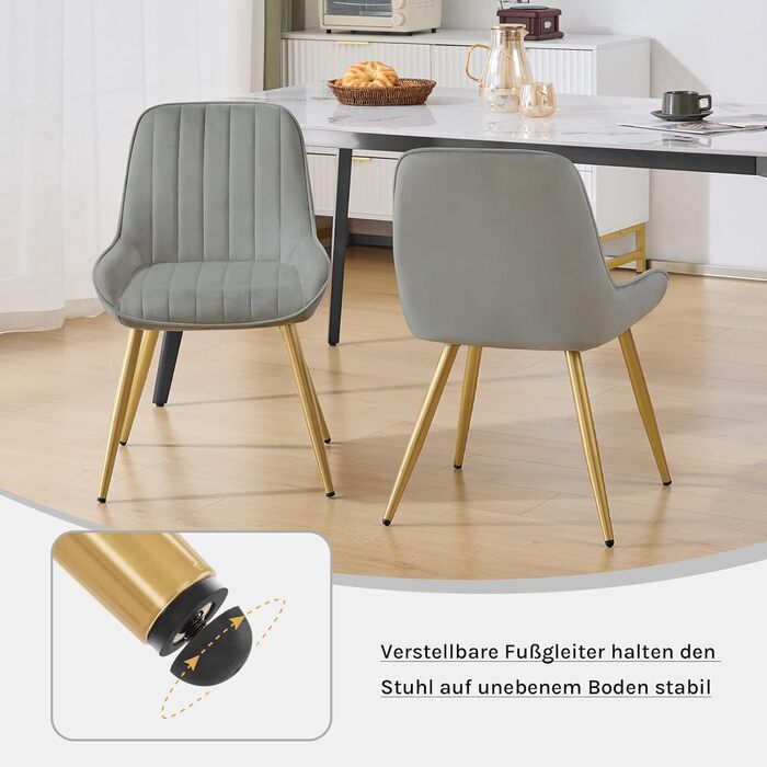 Крісла для їдальні Lestarain, 2 шт., для кухні, вітальні, їдальні, в стилі ретро, з м'яким сидінням, металеві ніжки, до 150 кг, (велюр, світло-сірий)