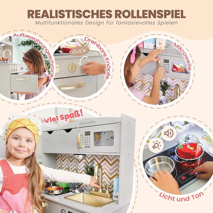 Дерев'яна дитяча кухня Kinderplay з LED та звуками приготування їжі – регульована висота 92–107 см – іграшкова кухня для ролевих ігор від 3 років – повний комплект з аксесуарами, світло-сірий колір Elegant - світло-сірий