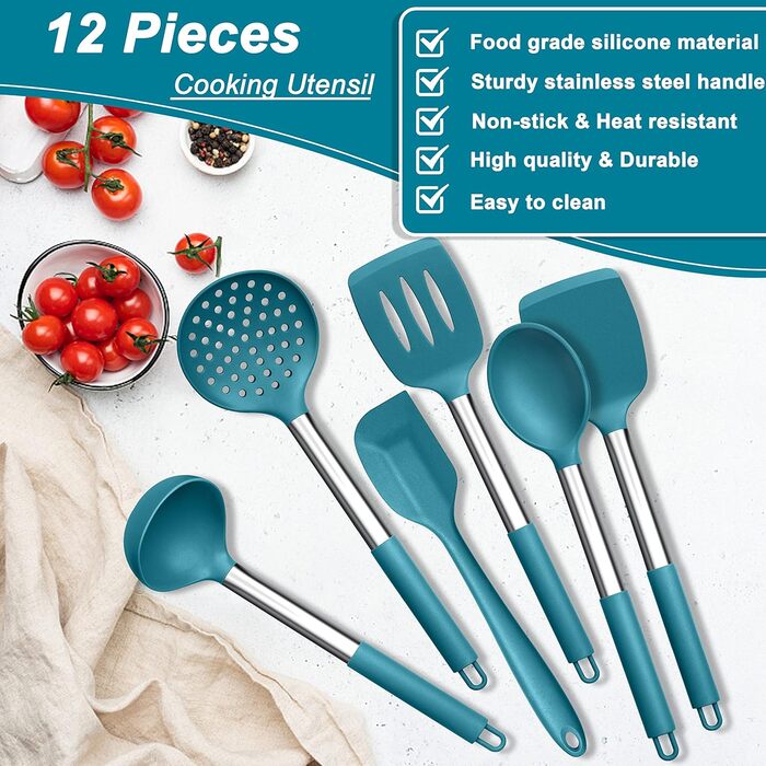 Набір кухонного інвентарю Herogo, 12 шт. Силіконові кухонні інструменти з нержавіючою сталею, термостійкі кухонні прилади, лопатки, ложки, шпателі з підставкою, легко миються (Блакитний)