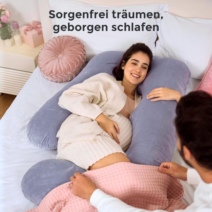 Вагітний подушка Momcozy з кристального велюру - U-подібна подушка для вагітних, повного тіла, для тих, хто спить на боці (145 см) - знімає напругу з спини та стегон, сірий колір, U-подібна форма
