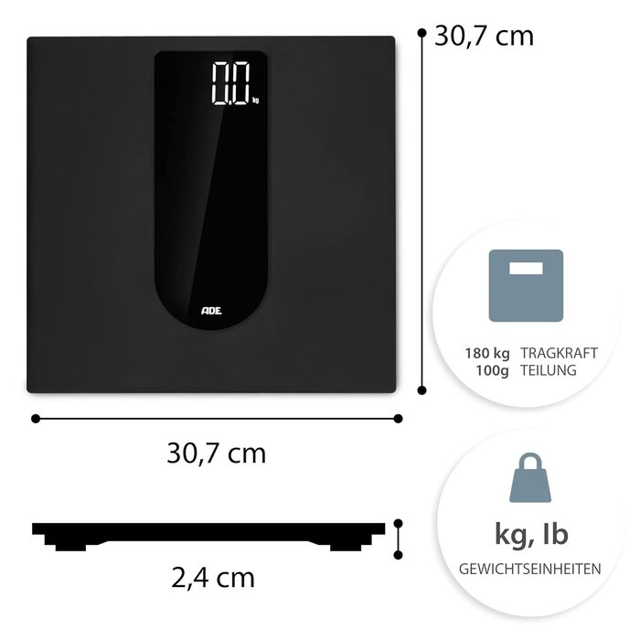 Цифрові ваги для ванної кімнати ADE з великим світлодіодним дисплеєм Нековзна вагова поверхня з безпечного скла Точний результат зважування з кроком 100 г Елегантне чорне матове покриття до 180 кг