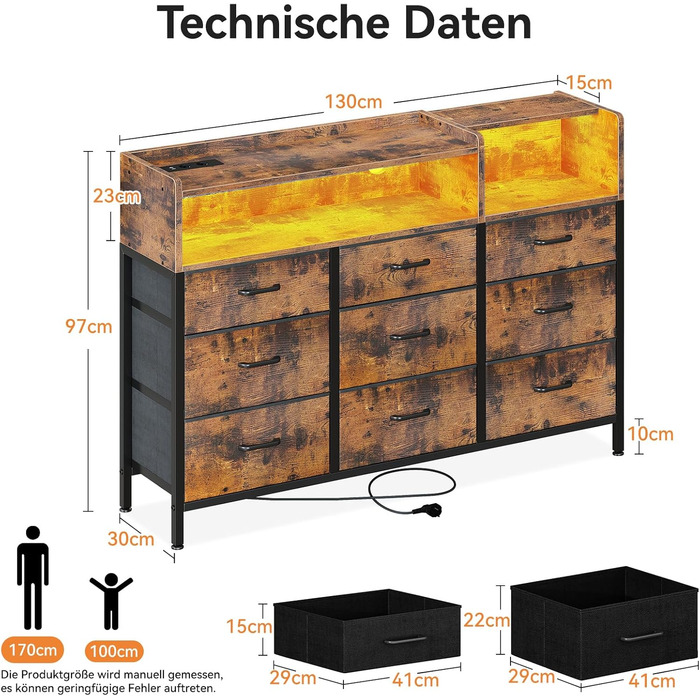 Комод ODK з шухлядами, 2 розетки, 2 USB, 10 LED-смужок, полиця-стільниця, 9 тканинних шухляд, чорний (ретро стиль), 130x30x97 см