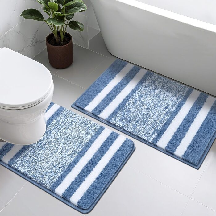 М'який килимок для ванної кімнати Pauwer, комплект з 2 шт., водопоглинаючий, для ванни та туалету, антиковзаючі, можна прати в пральній машині, блакитний, 50 x 80 + 50 x 60 см