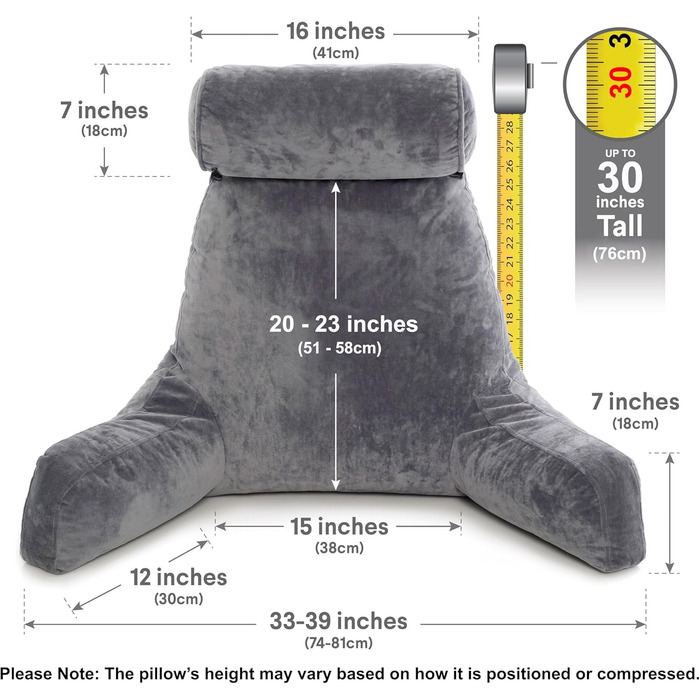 Подушка для чоловіків з підлокітниками - темно-сіра, преміум-якість, для читання та відпочинку в ліжку. Знімний валик для шиї, Memory Foam.