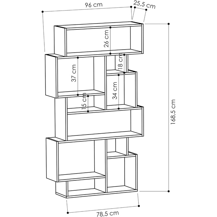 Фокуспік Фокус Пікус Книжкова шафа з дерева Karmato Сучасна стояча полиця з 6 ярусами для спальні, кабінету, кабінету, вітальні Легке встановлення 96 x 26 x 169 см (Темна кава)