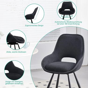 Набір з 6 обертових кухонних стільців, чорного кольору, з низькими підлокітниками, 180° оберт, автоматичне вирівнювання