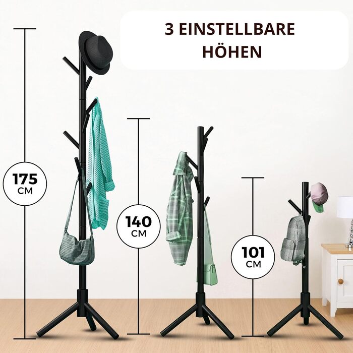 Дерев'яний вішак для одягу Bayt - стійка для одягу 175 см з 8 гачками, чорний колір