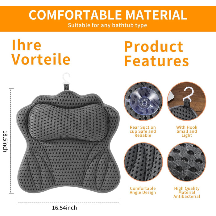 Подушка для ванни з 6 присосками, сітчаста технологія 4D Air Mesh, підтримка голови, шиї, плечей та спини, підходить для всіх ванн (Сіра)