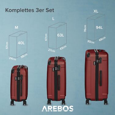 Набір валіз Arebos 3шт. з ABS-пластику | Trolley валіза | Червоний | з TSA-замком, 360° колеса | M-L-XL