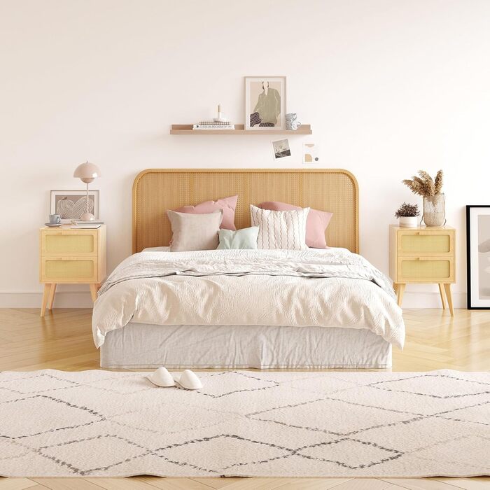 Приліжкова тумбочка з ротангу, дерев'яна з 2 висувними ящиками, декорована ручною роботою з ротангу, бохо-стиль, тумбочка для вітальні/спальні з місцем для зберігання, DECTG59Y