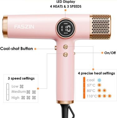 Фен для волосся Faszin з іонізацією, 110 000 RPM, LED-дисплей, 3 насадки, рожевий