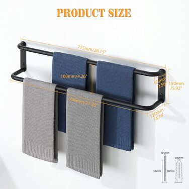 Тримач для рушників подвійний, 70 см, чорний, з нержавіючої сталі 304, для ванної кімнати та кухні