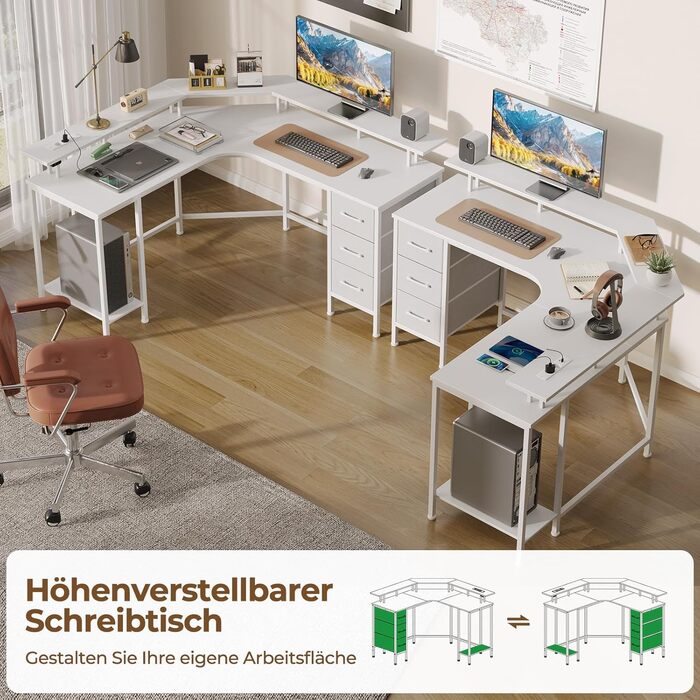 Ігровий кутовий стіл Seventable L-подібної форми з LED підсвіткою, розетками та 3 текстильними висувними ящиками, білий, 135x135x88 см