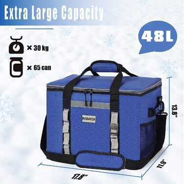 Велика сумка-холодильник INSMEER 48 л/25 л складна, Термальна сумка 65/32 Can, сумка-холодильник для пікніка, сумка для ланчу, водонепроникна ізольована сумка для подорожей, пікніка, автомобіля, покупок синього кольору-48 л