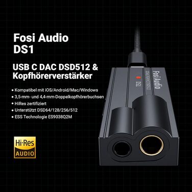 Портативний підсилювач для навушників ЦАП Fosi Audio DS1, ES9038Q2M, PCM 32 біт/768 кГц і DSD512, 3,5 мм/4,4 мм