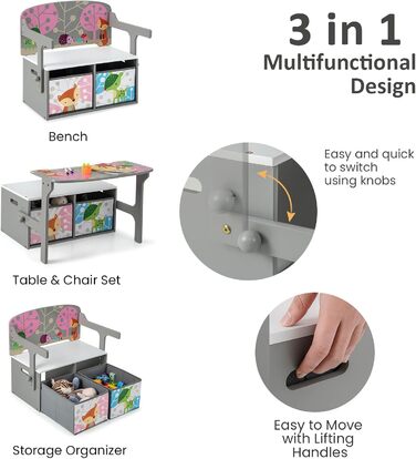 LIFEZEAL 3 в 1 дитяча лавка-стілець з місцем для зберігання та підлокітниками, лавка-сховище для іграшок для дітей 3-7 років (сіра)