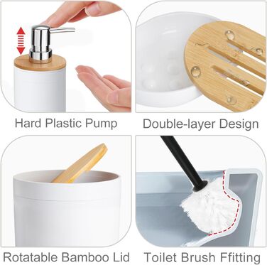 CERBIOR Набір аксесуарів для ванної кімнати з бамбука, 6 предметів: мильниця, тримач для зубних щіток, стакан для ополіскування, дозатор для лосьйону, флакон, сміттєвий бачок, щітка для унітазу, білий