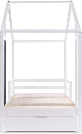 Ліжко дитяче 80x160 см з ящиками та вікном, масивне дерево, захист від падіння, ламелі, для хлопчиків та дівчаток, ліжко-будиночок, без матрацу, білий колір