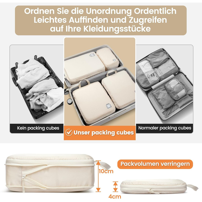 Набір органайзерів для подорожей у валізу з компресією, 8 шт, водонепроникні пакувальні куби для ручної поклажі та рюкзака, бежевий