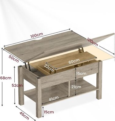 Регульований по висоті кавовий столик 3-в-1 з прихованим зберіганням, обіднім та кавовим столиком (сірий)
