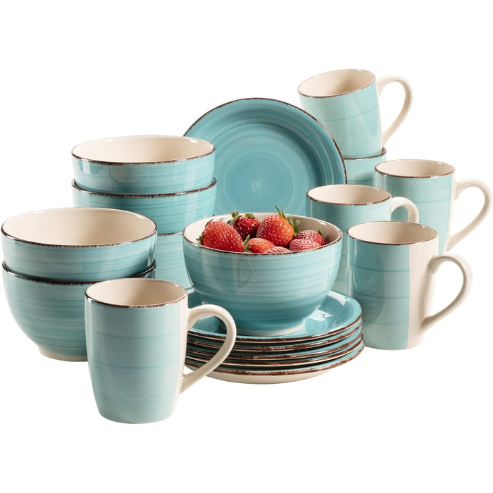 MÄSER Bel Tempo II Набір посуду для сніданку на 6 осіб, вінтажний стиль, ручне розписування, 18 предметів, кераміка, бірюзовий, Steingut Türkis/Ausflug, однотонний (Getaway Solids)