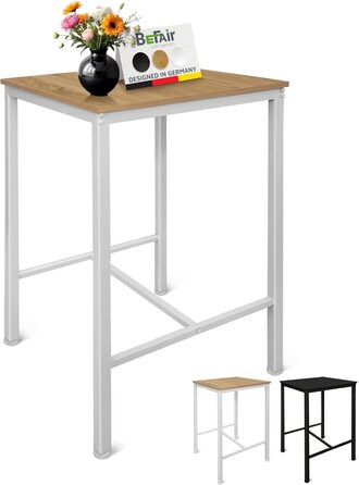 Барний стіл BeFair з дуба та білого кольору, 60x60 см, індустріальний дизайн, металеві ніжки, з підніжкою