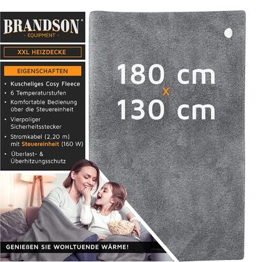 Ковдра з м'яким підігрівом Brandson XXL 180x130 см, TV SD GS, таймер, Захист від перегріву, 6 рівнів, 160 Вт, Сірий