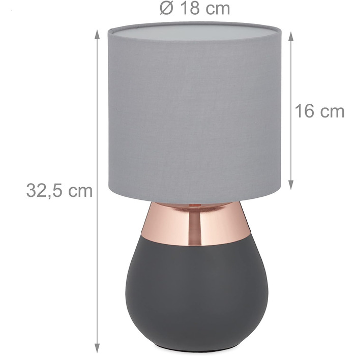 Приліжкова лампа Relaxdays з сенсорним регулюванням, сучасна сенсорна лампа, 3 рівні, E14, настільна лампа, ВхШхГ 32,5 x 18 см, сіро-мідний